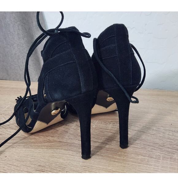 Michael Kors Mirabel Black Suede Leather Strappy Wrap Tassel SZ 6 Heels Sandals - Picture 6 of 12